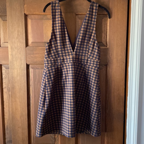 Adorable topshop brown navy plaid deep v button jumper dress 8 - Picture 3 of 7